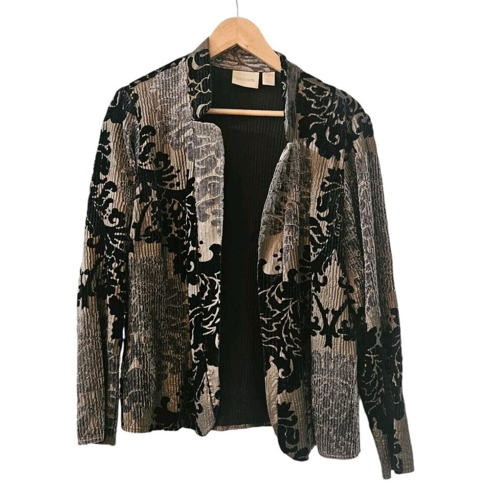 Chicos Velvet Burnout Jacket Size 2/LG Womens Open Front Blazer Floral Holiday